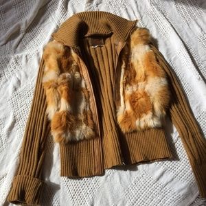 Morrow Genuine Fur Vested Knit Jacket L Mustard